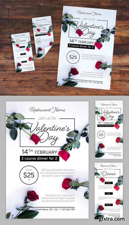 Valentine\'s Day Dinner Event Layout Set with Photorealistic Rose Illustrations 319294255