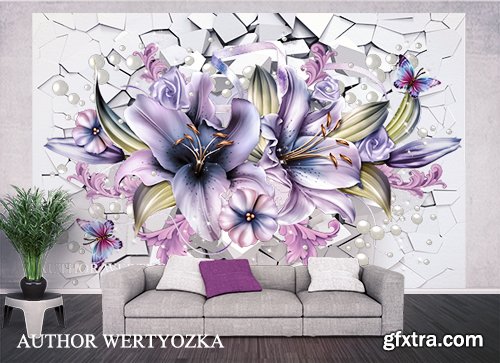 Lilies background wall decors, 3D models template PSD