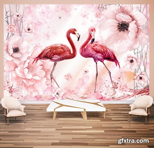 Flamingo background wall decors, 3D models template PSD
