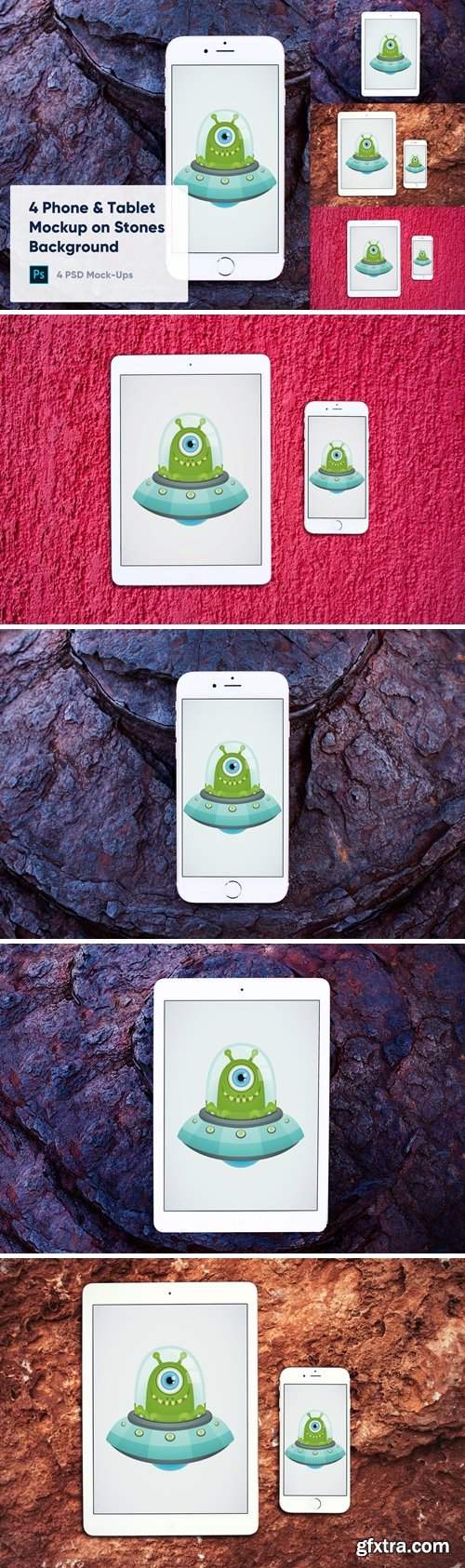 4 Tablet & Phone Mockup on Stone Background
