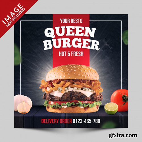 Square banner, flyer or instagram post for fast food restaurant with burger photo Premium Psd
