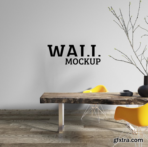 Wall mockup - workspace is decorated with a rough wooden table Premium Psd