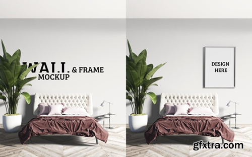 Wall and frame mockup the bed has a reddish brown blanket Premium Psd