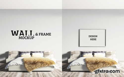 Wall and frame mockup bedroom has a large bed Premium Psd