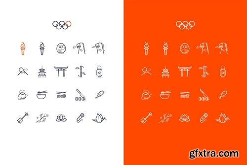 vector japanese line art icons set for Tokyo 2020