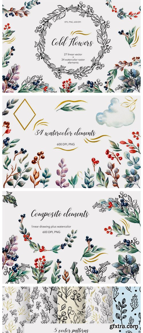 Cold Flowers - Vector & Watercolor Set 2962410