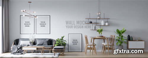 Poster mockup & wall mockup interior scandinavian living room & dining room background Premium Psd