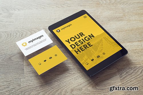 Tablet and Business Cards on Wooden Table Mockup 1 145155034