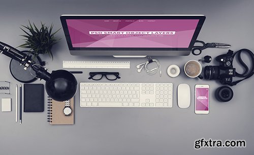 Desktop Computer and Smartphone on a Gray Desk Mockup 3 124674301