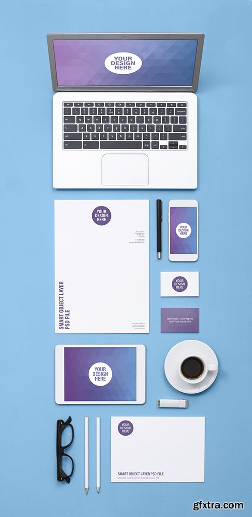 Tablet and Smartphone with Stationery on Blue Surface Mockup 138388142