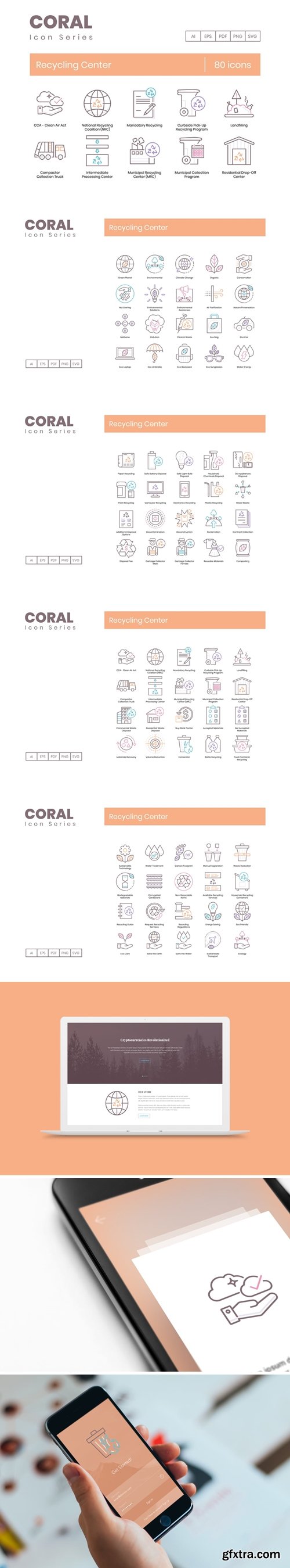 80 Recycling Center Icons - Coral Series