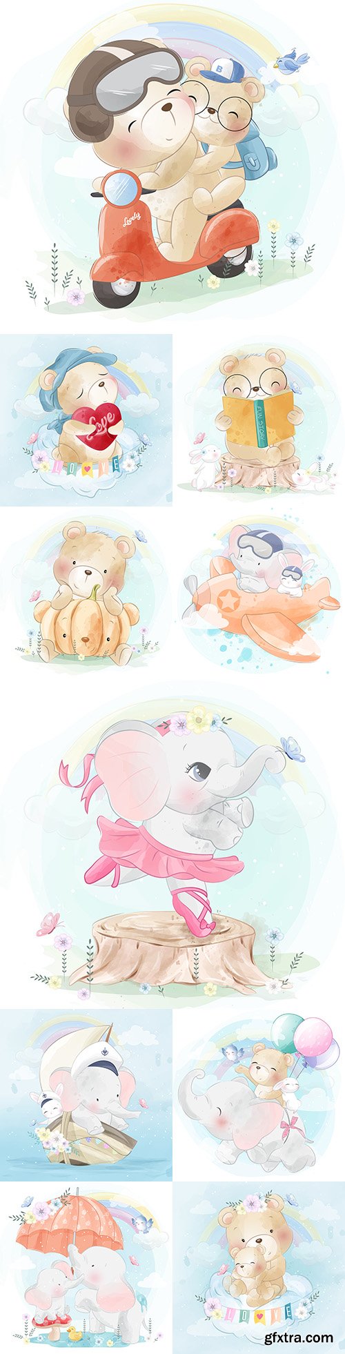Baby elephant and bear funny drawn illustrations