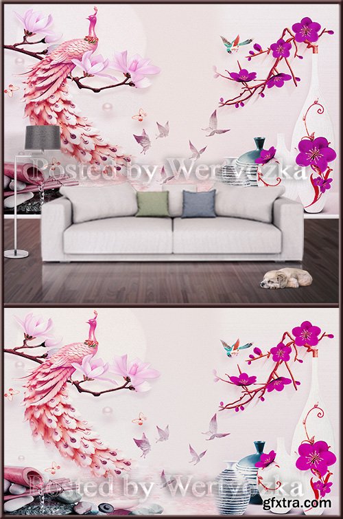 3D psd background wall peacock on a magnolia branch