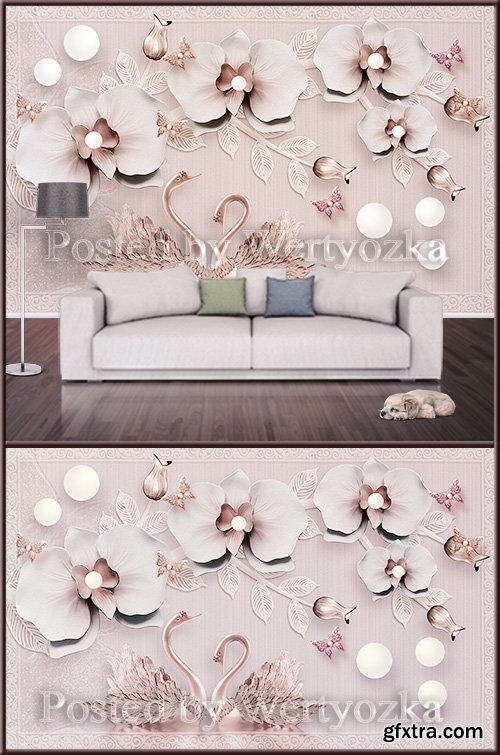 3D psd background wall swans and orchids