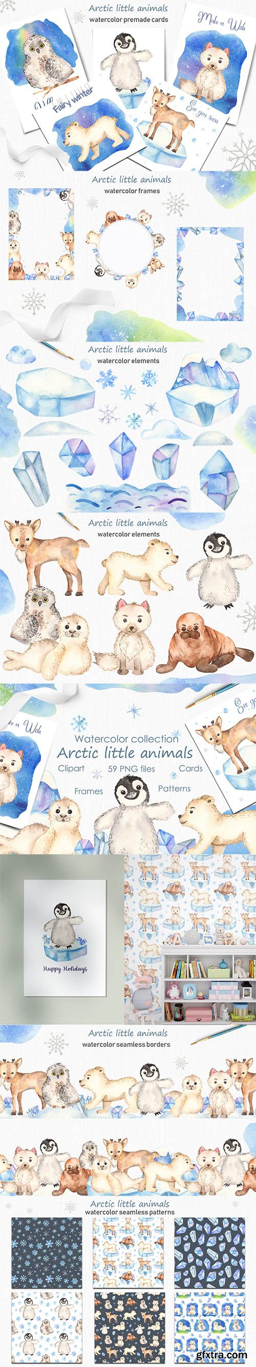 Watercolor Arctic little animals Clipart cards