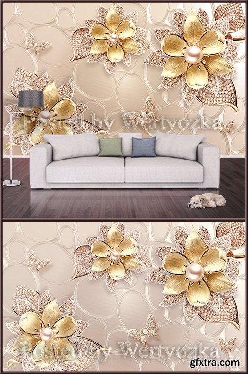 3D psd background wall golden flowers with pearl