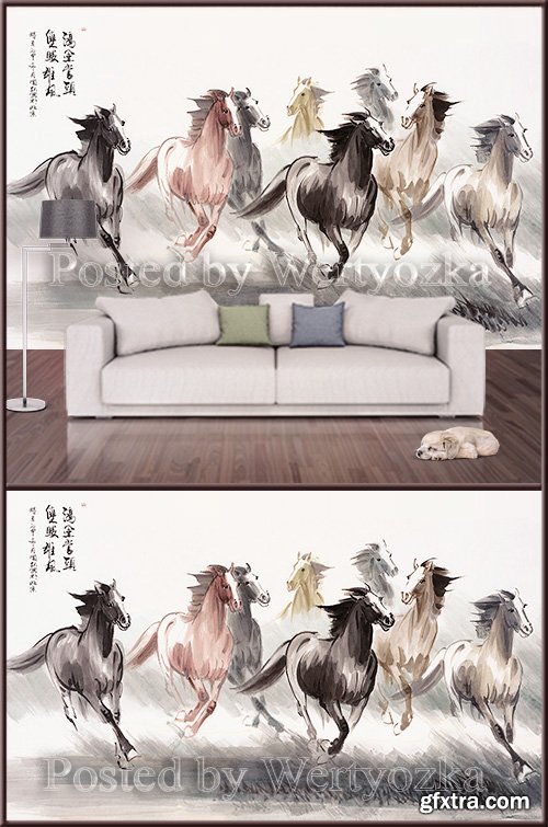 3D psd background wall drawn horses