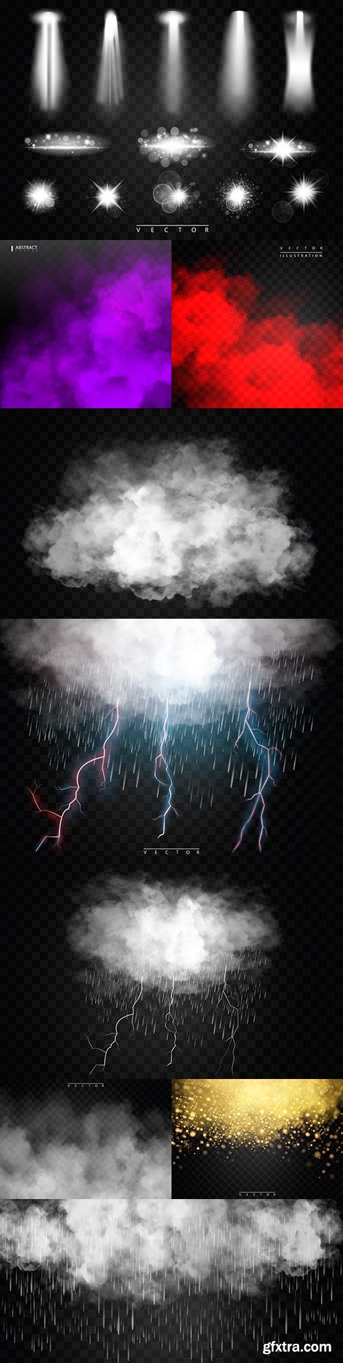 Rain, fog and lightning collection natural phenomena