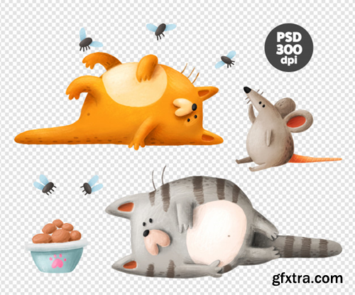 Lazy cats and mouse hand drawn clipart Premium Psd