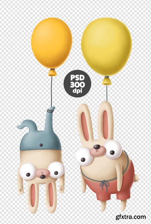Funny rabbits with air balloons Premium Psd
