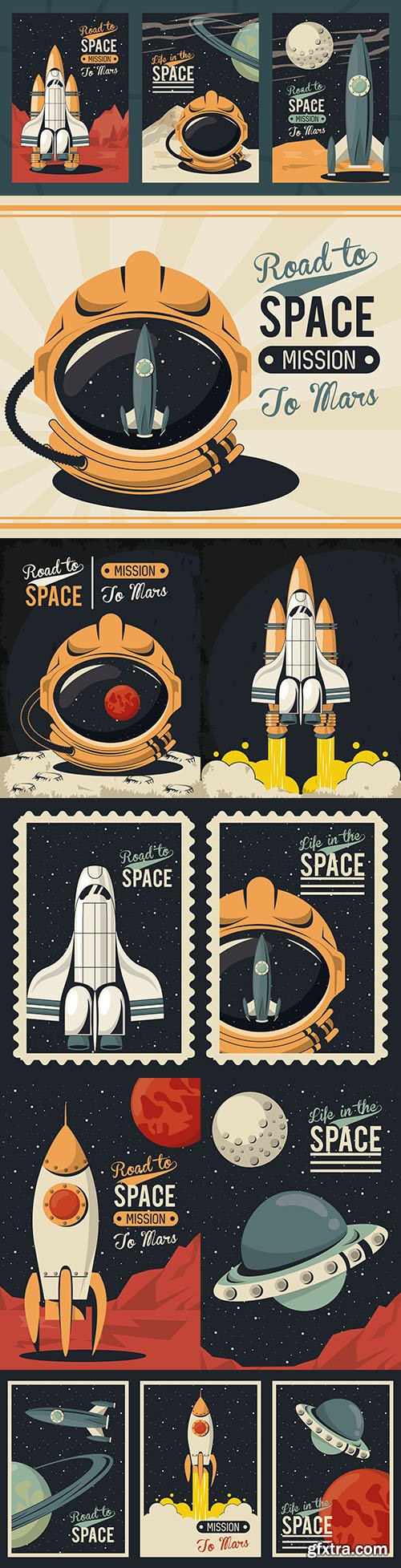 Life in space poster with rocket and astronaut launch