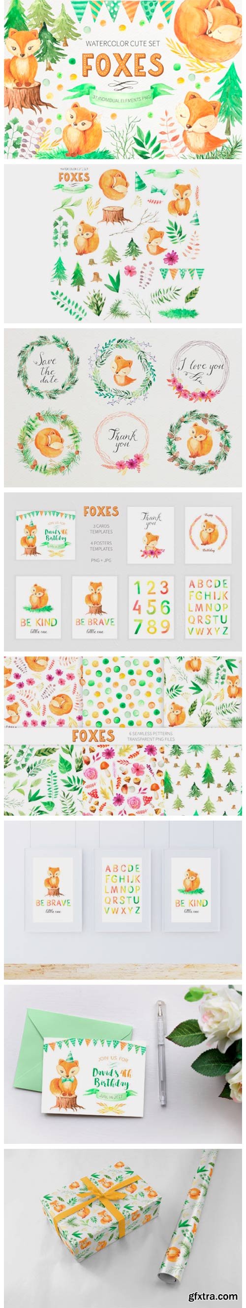 Watercolor Cute Foxes and Floral Set 3069595