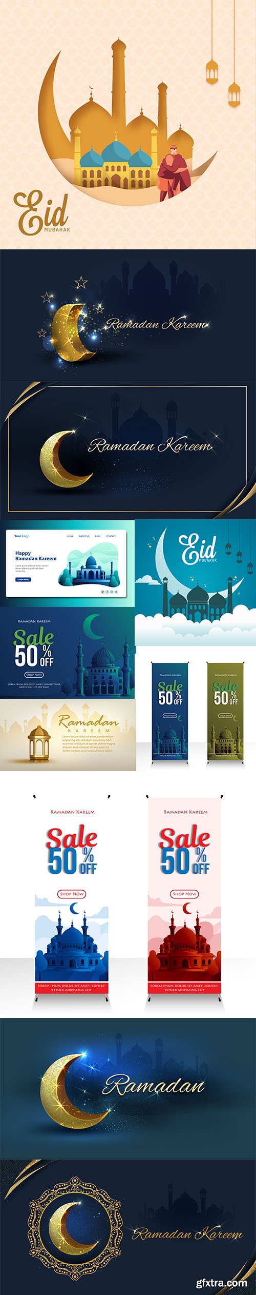 Ramadan Kareem and Eid Mubarak Poster and Banner Design Set
