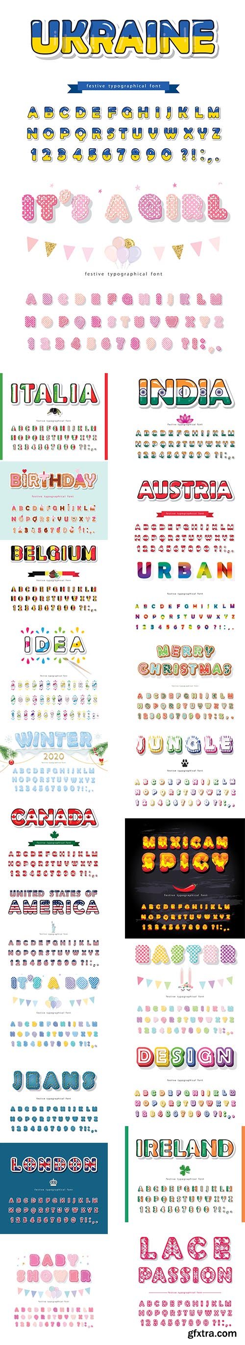 Collection of Various Countries and Holidays Vector Fonts