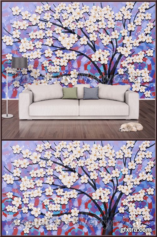 3D psd background wall tree with flowers abstraction