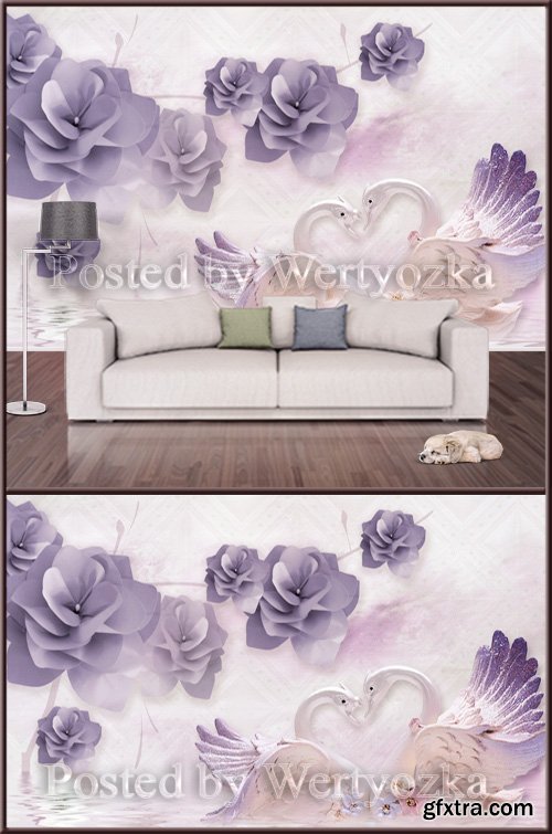 3D psd background wall elegant flowering swan