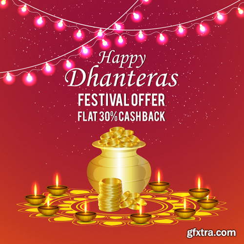 Dhanteras background with coin pot & diya Premium Vector