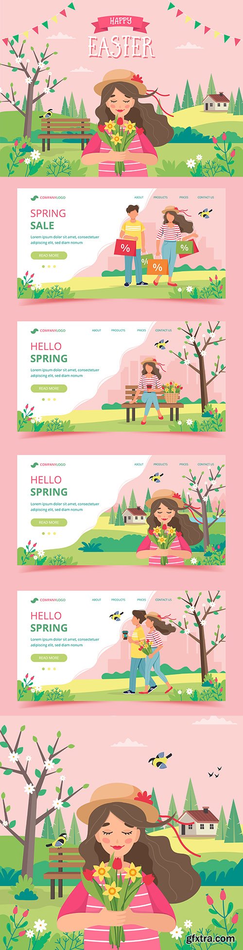 Girl in hat with flowers spring and Easter illustrations