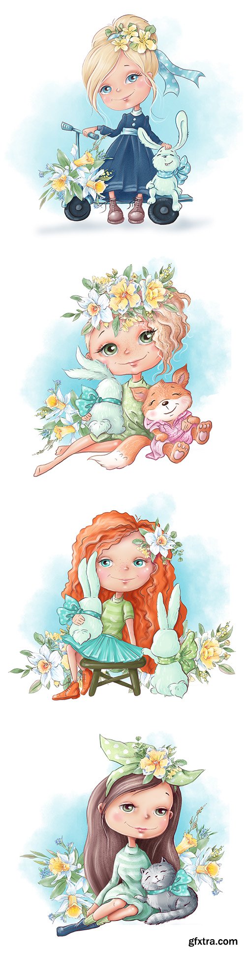 Cute girl with flowers and rabbit painted illustrations