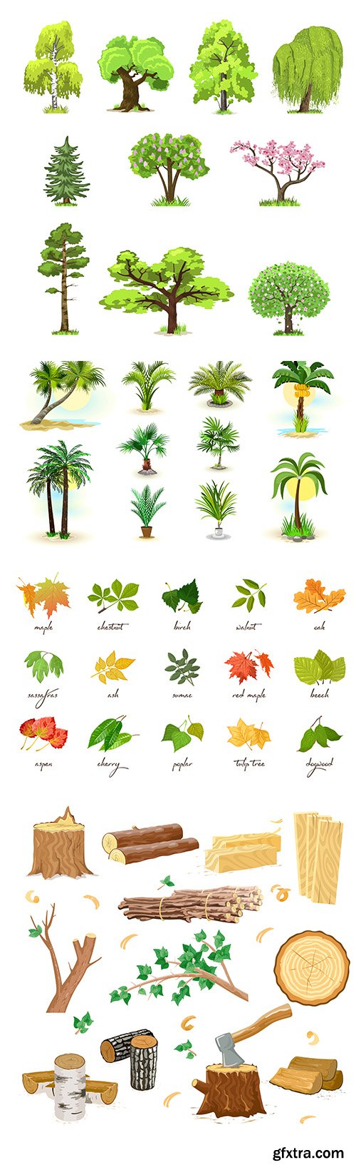 Wood Industry, Palm and Different Leaves Vector Set