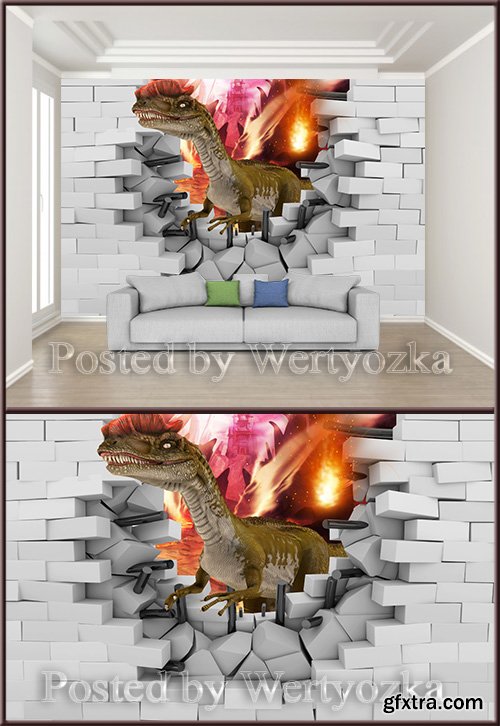 3D psd background wall broken wall dinosaur