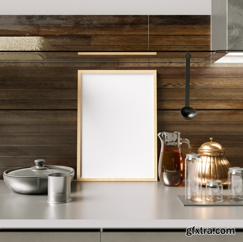 Frame mockup on kitchen cabinet with decorations Premium Photo