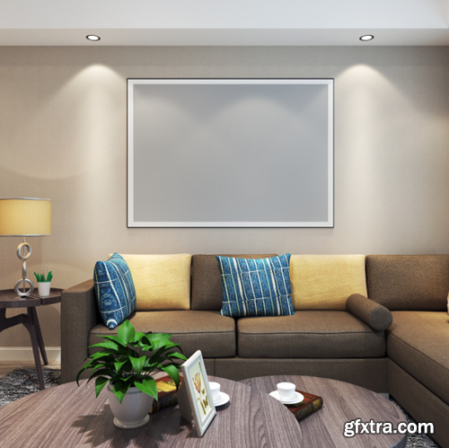 Frame mockup in living room with furnitures Premium Photo