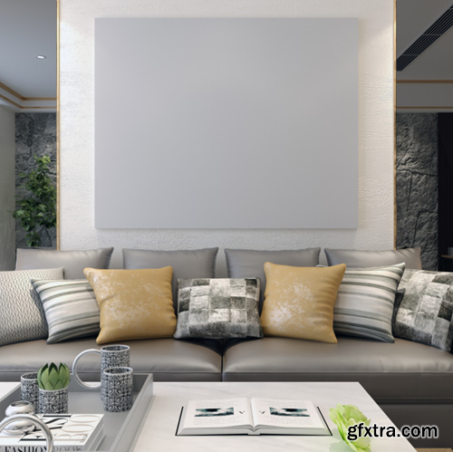 Frame mockup on living room with decorations Premium Photo