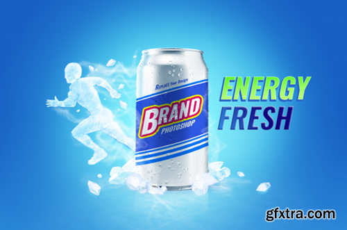 Cool fresh energy drink can mockup and ice body advertising Premium Psd