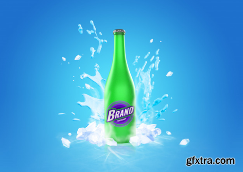 Frozen glass bottle drink splash mockup advertising Premium Psd