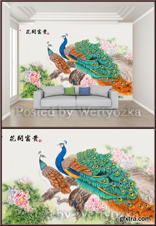 3D psd background wall chinese style ink hand painted meticulous flower