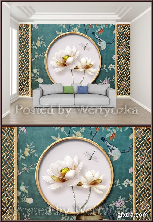 3D psd backgroundwall chinese classical metal openwork window lotus embossed