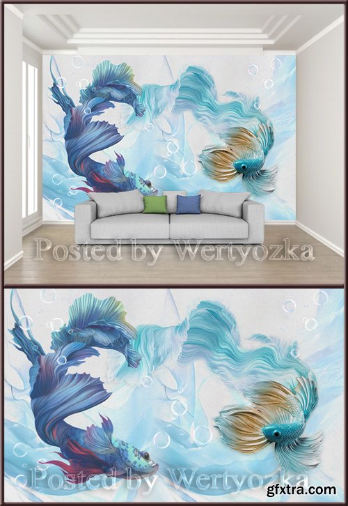 3D psd background wall abstract cyan blue peacock fighting fish