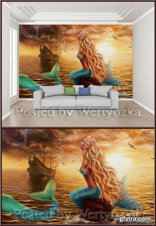3D psd background wall beautiful sea beautiful sailing mermaid