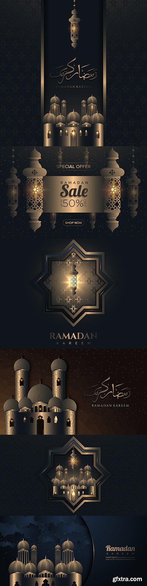 Ramadan Kareem with mosque and night sky background