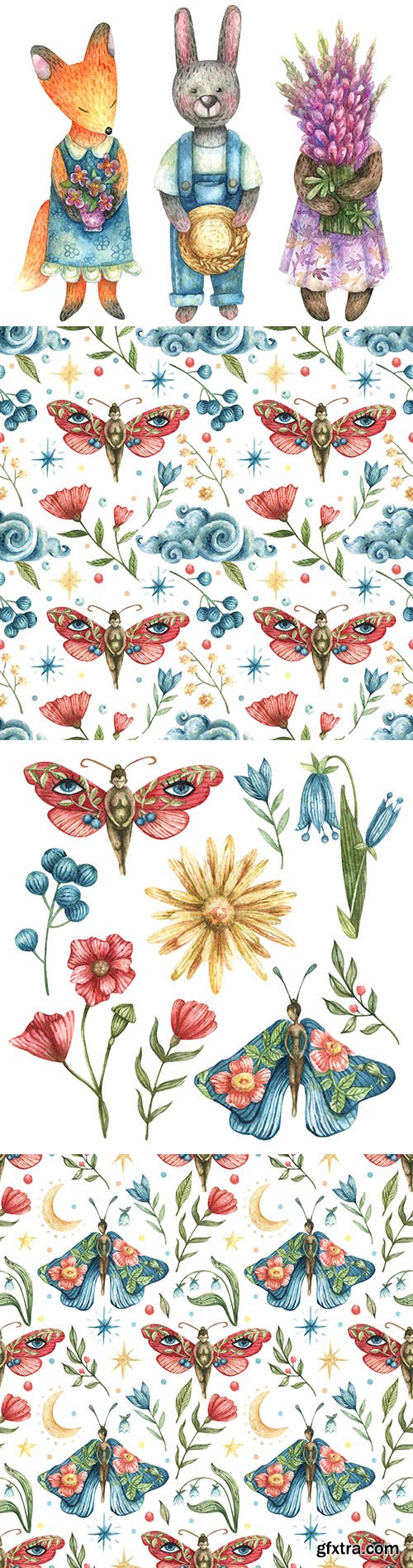 Cute animals, flowers and watercolor seamless pattern