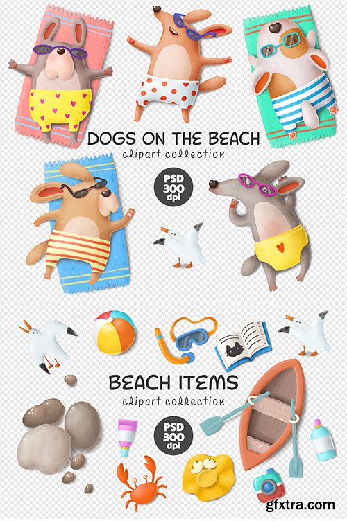 Beach Funny Dogs Characters PSD Clipart