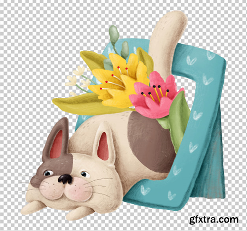 Cute kitten with flowers hand drawn illustration Premium Psd