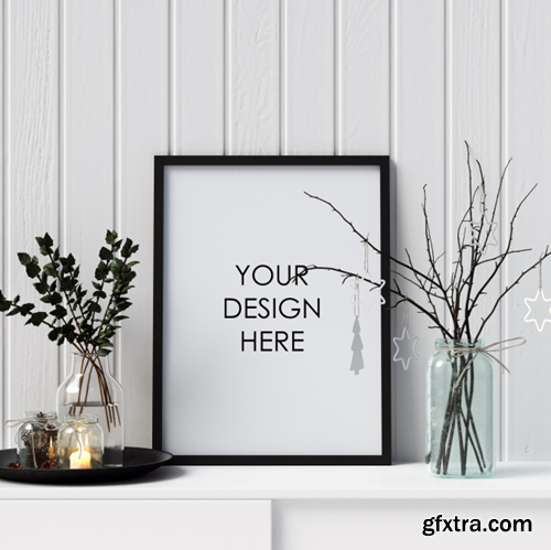 Mock up poster frame with christmas decoration Premium Psd