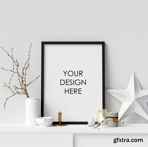 Mock up poster frame with christmas decoration Premium Psd